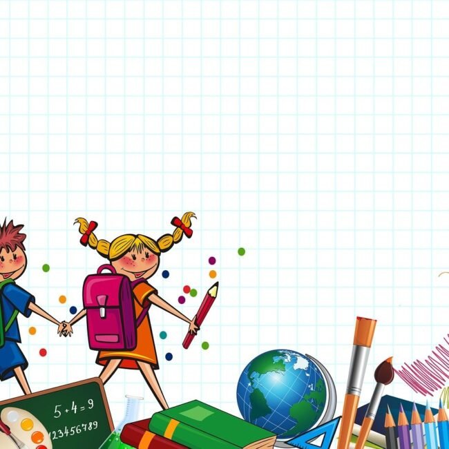 Instruire ses enfants : image montant des enfants avec des cartables et des objets d'apprentissages