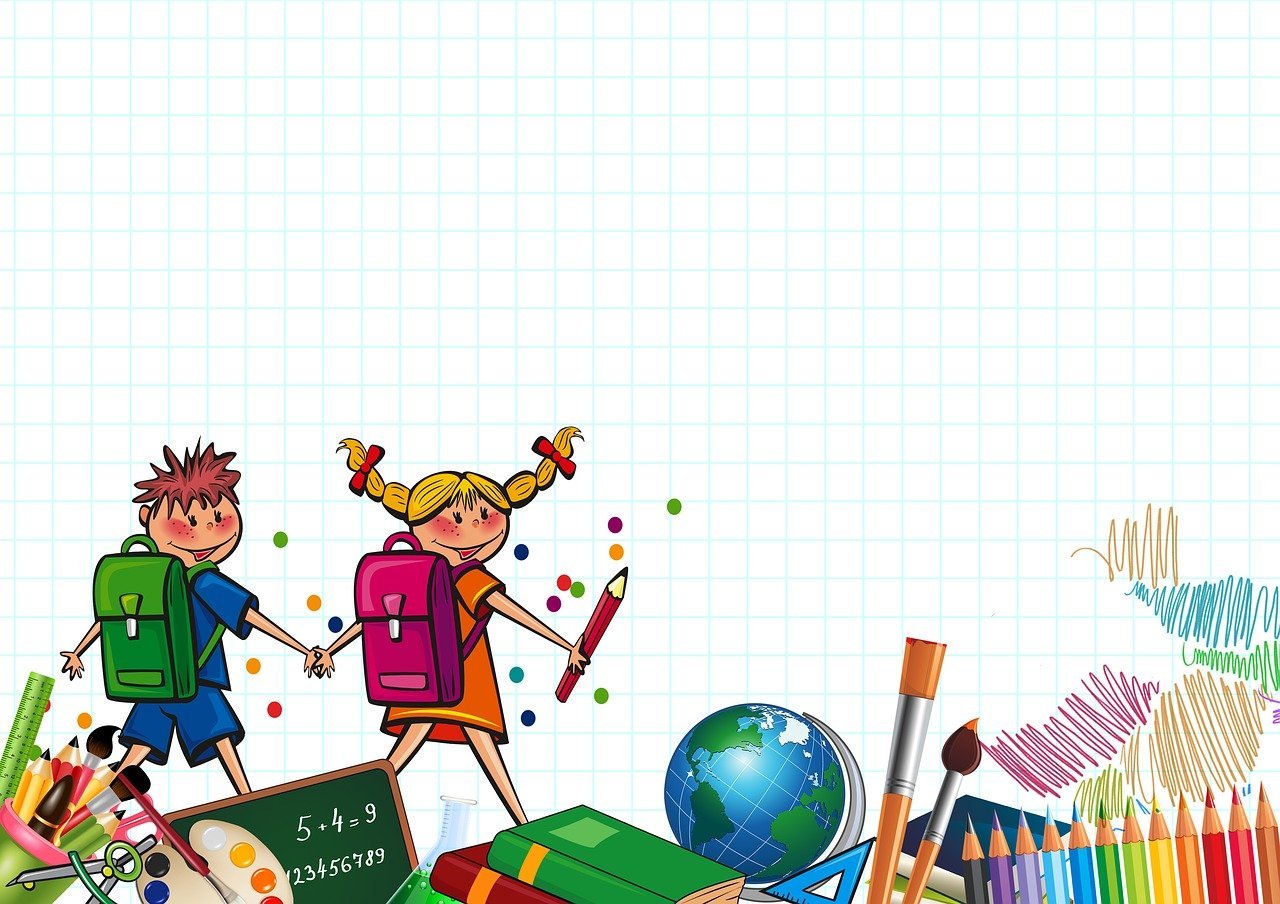 Instruire ses enfants : image montant des enfants avec des cartables et des objets d'apprentissages