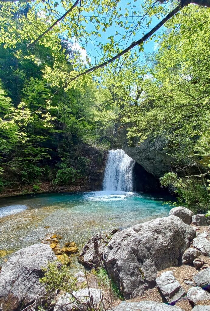 cascade sur le mont olympe, entourée d'arbres